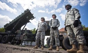US soldiers stand in front of a Patriot missile battery at an army base in the northern Polish town of Morag, in May. Photograph: Wojtek Radwanski/AFP/Getty Images