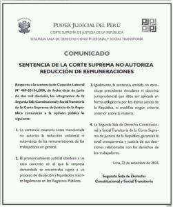 Comunicado del Poder Judicial peruano sobre la sentencia de casación laboral N° 489-2015-LIMA