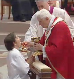 papa benedicto XVI comunión de rodillas y en la boca